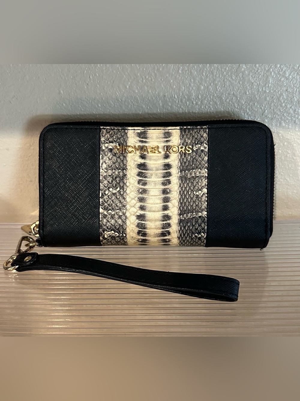 Michael Kors Black Wristlet with Snake-Print Center Panel